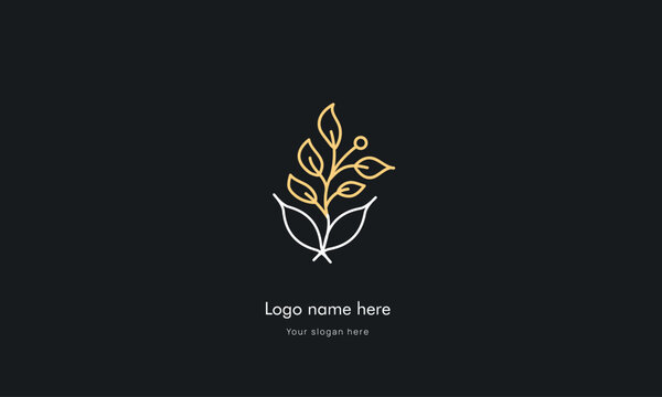 Ornament abstract logo design vectors , organic cosmetic, floral illustration in simple linear hand drawn style, plants and flowers, for hand crafted business, 