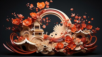 Digital art sculpture small and whimsical made of colorful petals and walls made of woven vines with flowers of house