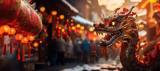 Row of red lanterns, traditional Asian decorations, appear to be glowing softly hanging on string and dragon watch it in city street. - obrazy, fototapety, plakaty