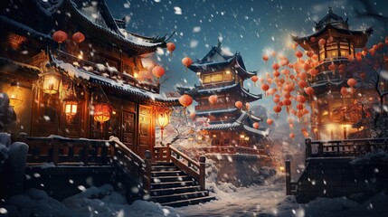 Chinese temple surrounded lanterns hanging from the eaves and snow covering the roof of temple and ground around it. Drawn style.