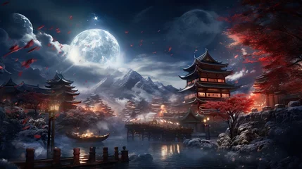 Poster Chinese town nestled in a valley with lake surrounded by mountains, lit up by big silver moon at dark night. Drawn style. © master1305