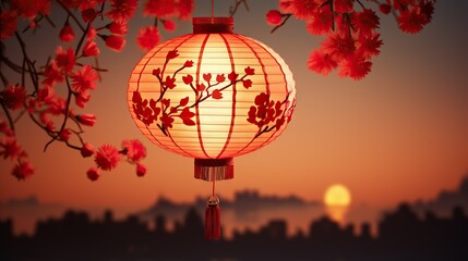 Obraz premium Row of lightened lanterns, traditional Asian decorations, evenly spaced and appear to be glowing softly hanging on string in sun light.