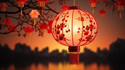 Lightened lanterns, traditional Asian decorations, evenly spaced and appear to be glowing softly hanging on string in sunset.