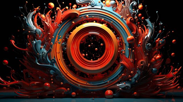Poster, banner. digital art painting of circles in bright color scheme and balls against black background