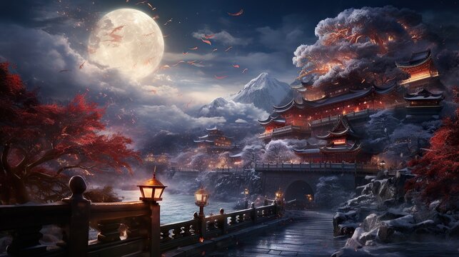 Full silver moon shining over Chinese castle nestled in valley with lake surrounded by mountains. Drawn style.