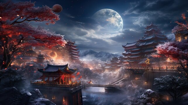 Landscape of an ancient eastern town located in an unusually beautiful place among mountains and forests lit by moon