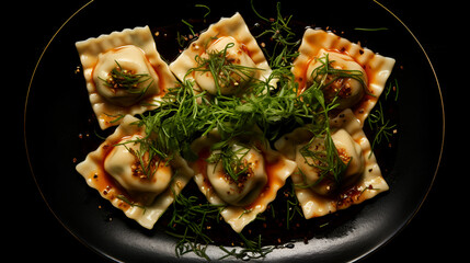 ravioli with salmon on a black background close-up restaurant serving top view