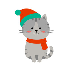 Cat cartoon character wearing Santa hat in fat design on white background.