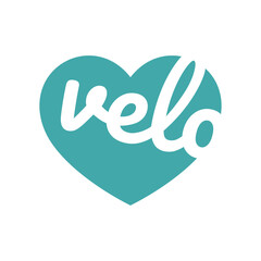 Vector icon of a blue heart with a white inscription VELO. Isolated on blue background. 