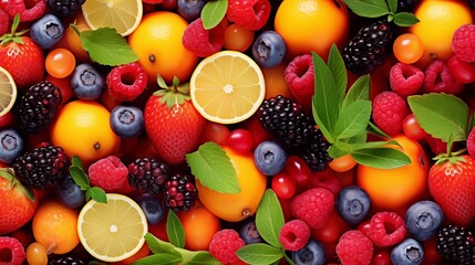 Bright and colorful fresh fruits and berries background for healthy food and active lifestyle filled with vitamins for healthcare