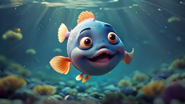 Closeup animation of a chubby cartoon fish with big, innocent eyes, swimming happily in a blue ocean. .