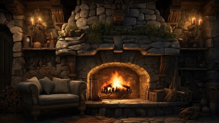 Burning firewood in the fireplace in a country cottage.