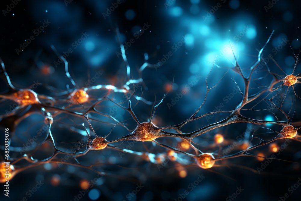 Poster neural networks of the human brain. 3d illustration of abstract nerve centers and cells. electrical 