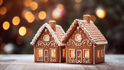 Gingerbread Houses with Warm Lights and Snow