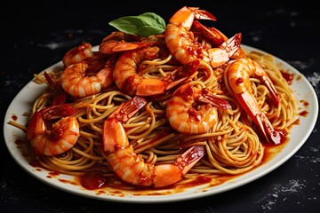  pasta spaghetti with shrimps and tomato sauce served on plate on dark surface. closeup.