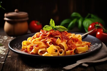  pasta spaghetti with shrimps and tomato sauce served on plate on dark surface. closeup.