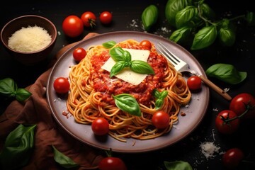  pasta spaghetti with shrimps and tomato sauce served on plate on dark surface. closeup.