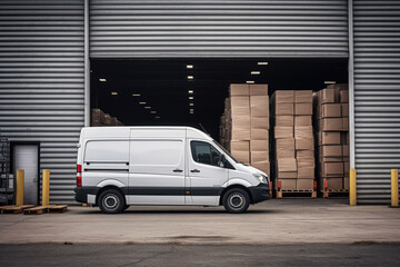 Delivery truck at warehouse for advertising, Delivery Van, Outside of Logistics Retailer Warehouse - obrazy, fototapety, plakaty