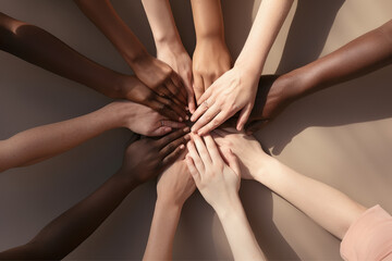 No room for racism, Many hands of different races and ethnicities. United for equality