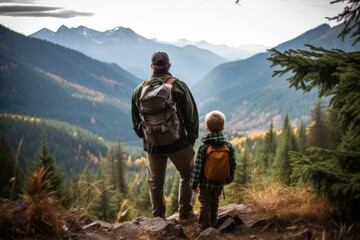 Fototapeta na wymiar Father and son pause at edge of trail, mountainside.