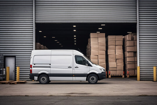 Delivery truck at warehouse for advertising, Delivery Van, Outside of Logistics Retailer Warehouse