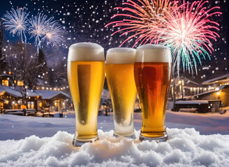 Beer glass in snow with fireworks and copy space	