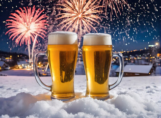 Beer glass in snow with fireworks and copy space	