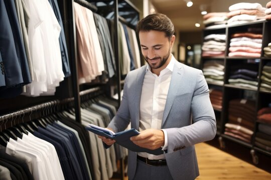 Portrait of young handsome male salesperson, manager or business owner with checklist in fashionable clothing store. Competent employee using tablet for goods accounting.