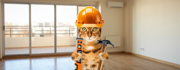 The cat is making repairs in the apartment. Interior renovation.