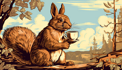 A Squirrel Holding A Cup, A cheerful cute squirrel drinks cocoa from a cup.