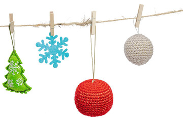 Traditional New Year composition.Festive handmade decor, Christmas trees embroidered with a cross