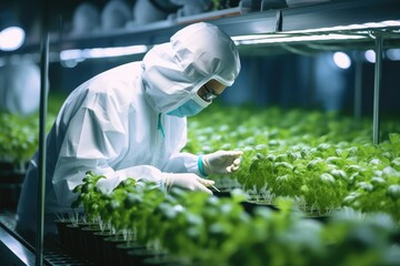 Male technician in clean suit, rubber boots, and hair net examining development of basil plants in multilayered hydroponic environment.  - obrazy, fototapety, plakaty