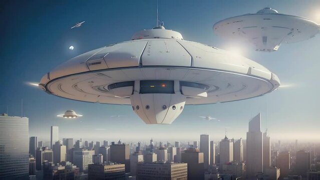 Enigmatic UFOs hovering over city under daytime sky. Futuristic alien spaceships close up. Concept of exploring extraterrestrial themes, science fiction and unknown. Zoom out.