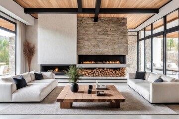 Wooden live edge accent coffee table between white sofas by fireplace in stone cladding wall. Minimalist style home interior design of modern living room in villa.