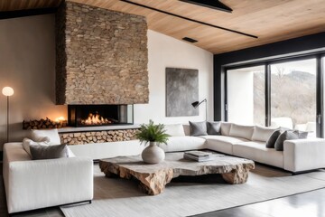 Wooden live edge accent coffee table between white sofas by fireplace in stone cladding wall. Minimalist style home interior design of modern living room in villa.