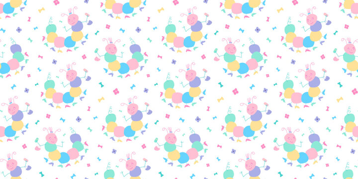 Caterpillar Vector Seamless Pattern. Multicolor Vector Illustration for Kids Fabric, Wrapping Paper