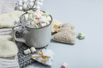 Hot cocoa or chocolate with marshmallows. Christmas traditional decor, New Year festive arrangement
