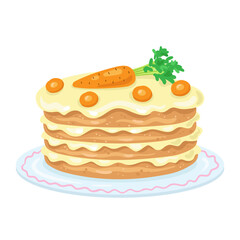Big beautiful carrot cake . In cartoon style. Isolated on white background. Vector flat illustration.