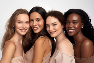 Obraz premium Beauty Portrait of positive diversity young female models hugging portrait for inclusivity, happiness and healthy skin texture on light background. Wellness, Spa, Cosmetology, Skincare Concept.