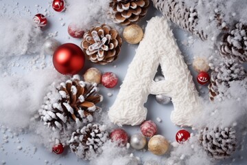 Fototapeta na wymiar Volumetric capital letter A, decorated in a festive Christmas and New Year style. Christmas tree decorations, balls, pine cones, tinsel, snow. Mockup for Christmas banner or background.