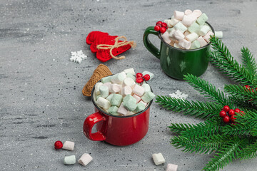 Fototapeta na wymiar Hot cocoa or chocolate with marshmallows. Christmas traditional decor, New Year festive arrangement