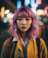 portrait of A young Asian woman with multicolored hair and vibrant makeup stands, looking directly at the camera.

