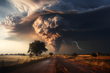 Naklejka na ściany i meble Intensity of a tornado against a dramatic sky.