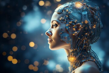 Fictional portrait of female humanoid robot with realistic beautiful face. Cyborg woman's head entangled in network of wires, sensors and electronic impulses. Artificial intelligence, science fiction.