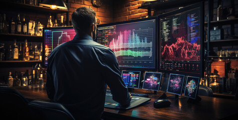 Finance trade manager analysing stock market indicators for best investment strategy, financial data and charts with business buildings in background