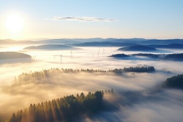 Fototapeta premium Solar energy fields and wind turbines seen from the air in foggy conditions during a Autumn morning. Muntendam --