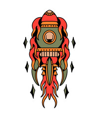 flaming green rocket tattoo design