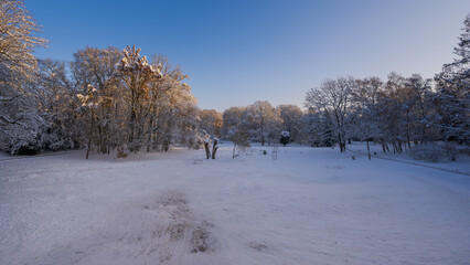 View from the sleighing hill in the Stadtpark of Regensburg in winter with snow