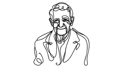 Continuous line old man portrait. One line vector of a person's face. Line art of an adult man's face