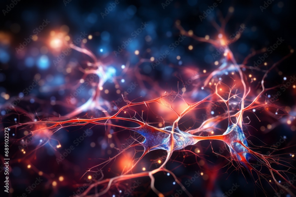 Poster neural networks of the human brain. 3d illustration of abstract nerve centers and cells. electrical 